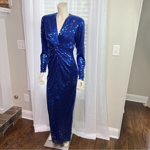 Oleg Cassini,Beautiful Shimmery Royal Blue Sequin, long sleeve Vintage Gown 10 - Picture 12 of 15